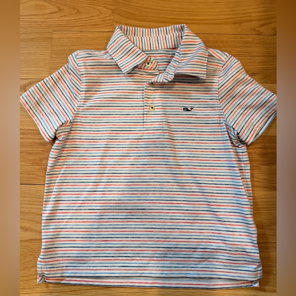 Vineyard Vines Boys’ Sankaty Striped Polo in White with Blue & Red Stripes